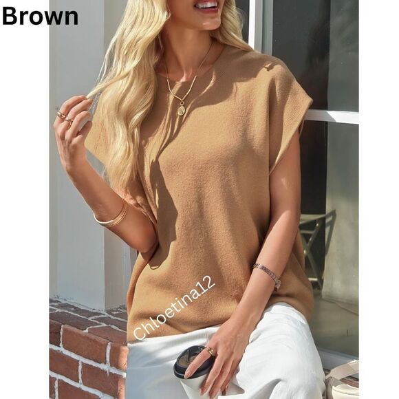 New Cap Sleeve Cotton Knit Crew Neck Tank Top Shirt Lightweight Loose Knit Top - Picture 1 of 16